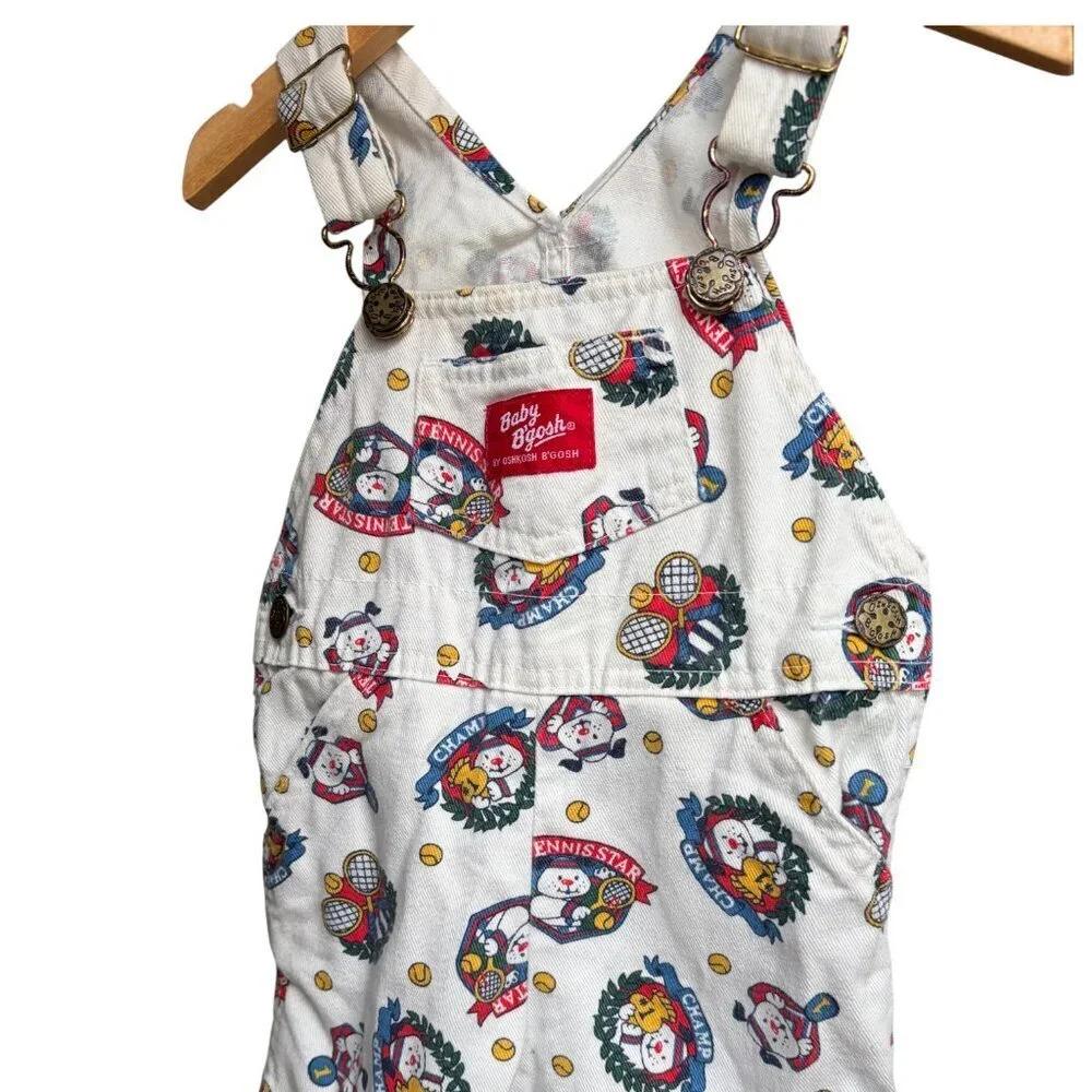 Vintage OshKosh Baby B'Gosh Overalls 80s Tennis Dog Print 18 Month Shortalls